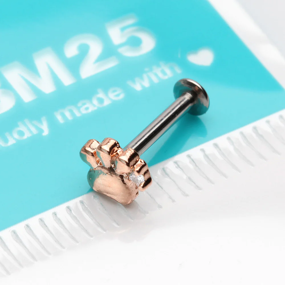 Rose Gold Adorable Sparkle Paw Top Threadless Push-In Steel Labret - Image 4