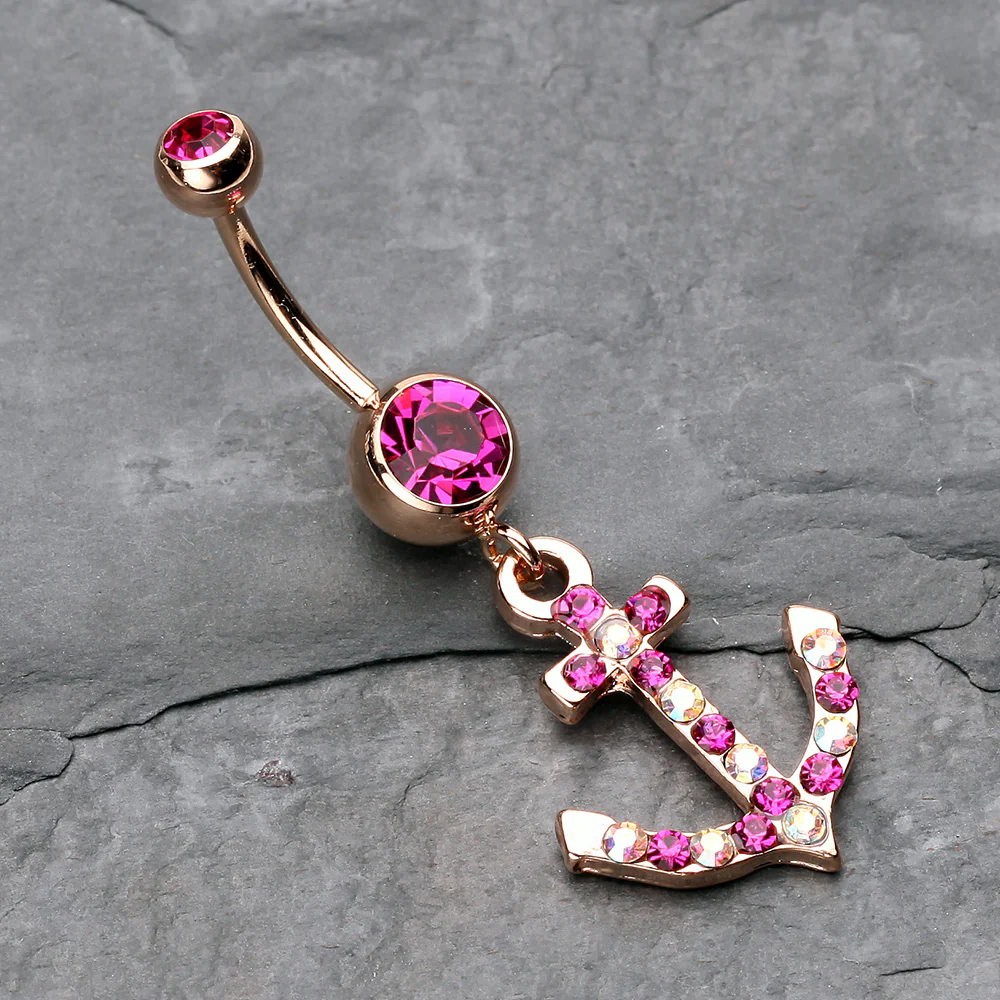 Rose Gold Anchor Gem Sparkle Belly Button Ring - Image 3