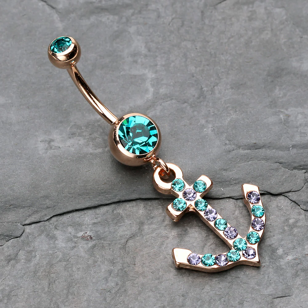 Rose Gold Anchor Gem Sparkle Belly Button Ring - Image 3