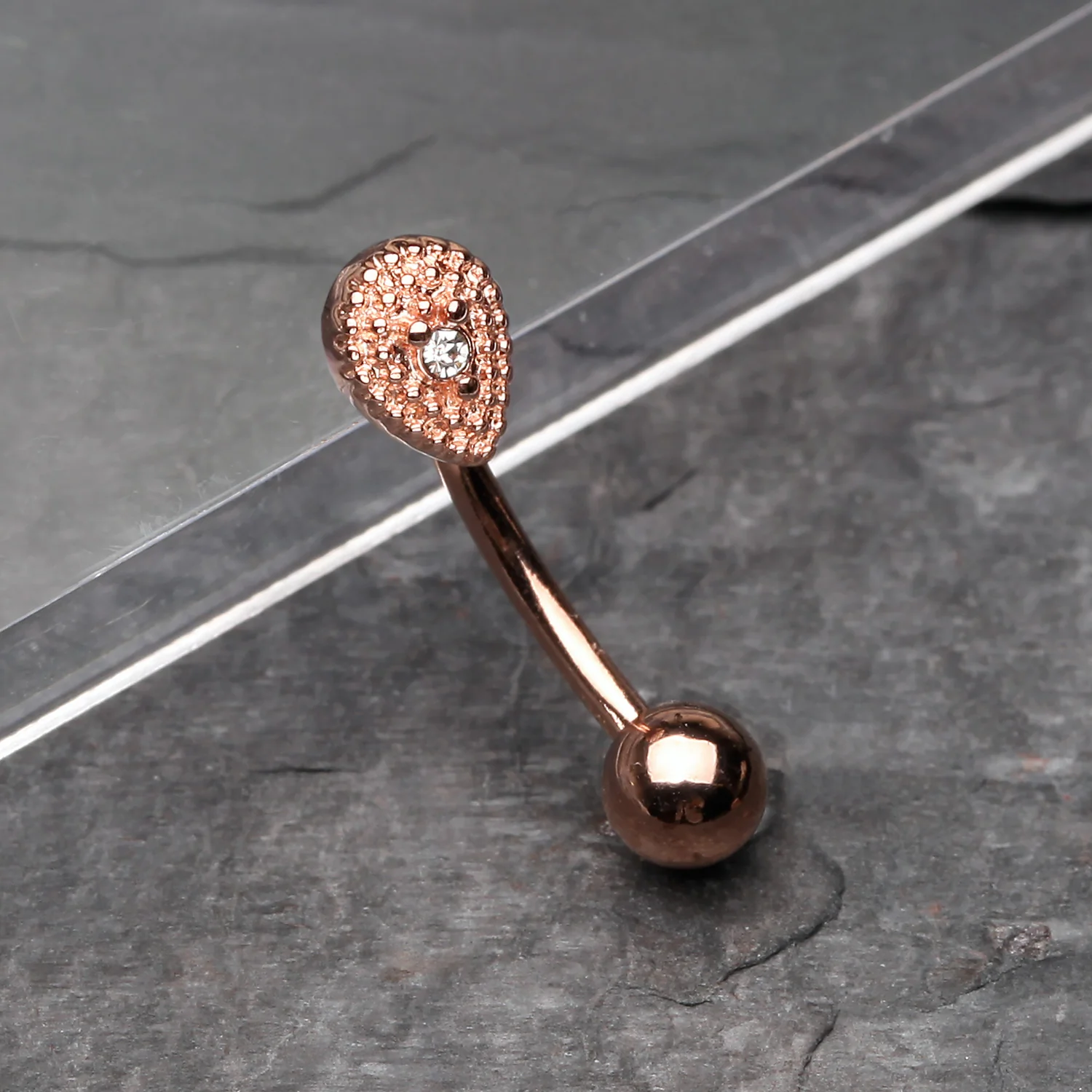 Rose Gold Aria Sparkle Teardrop Curved Barbell Ring - Image 2