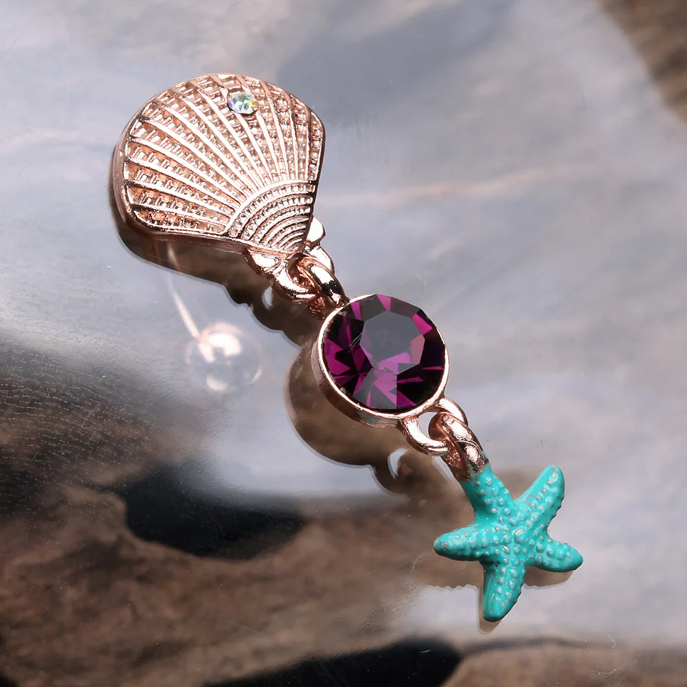 Rose Gold Ariel's Shell Starfish Sparkle Reverse Belly Button Ring - Image 3