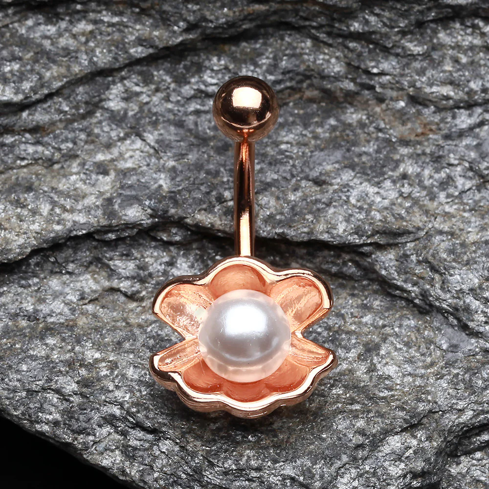 Rose Gold Ariel's Shell with Pearl Belly Button Ring - Image 4