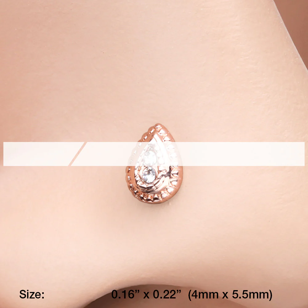 Rose Gold Bali Avice Teardrop Sparkle L-Shaped Nose Ring - Image 3