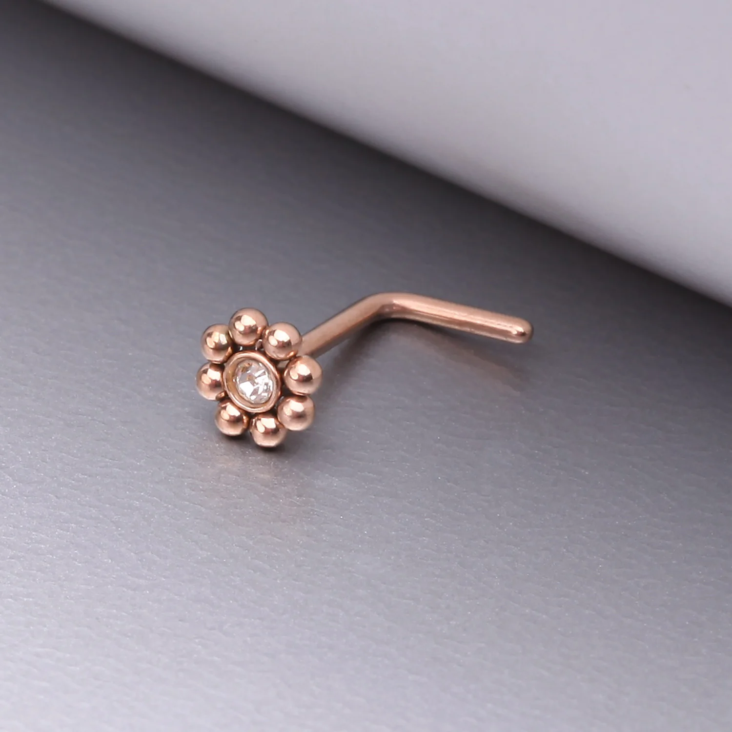 Rose Gold Bali Beads Flower Sparkle Steel L-Shaped Nose Ring - Image 2