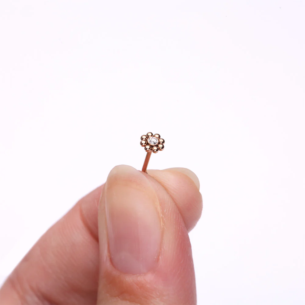Rose Gold Bali Beads Flower Sparkle Steel L-Shaped Nose Ring - Image 3