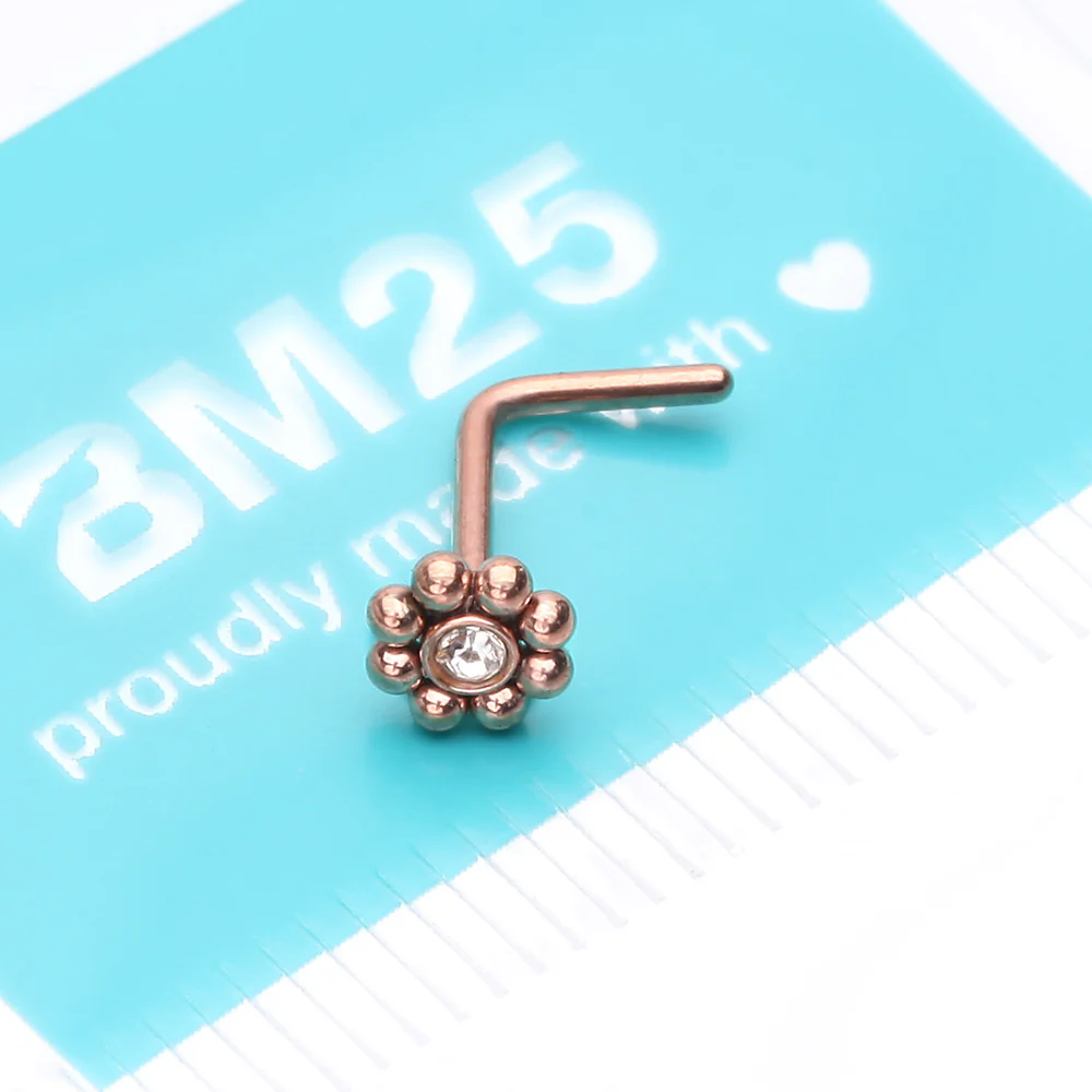 Rose Gold Bali Beads Flower Sparkle Steel L-Shaped Nose Ring - Image 4