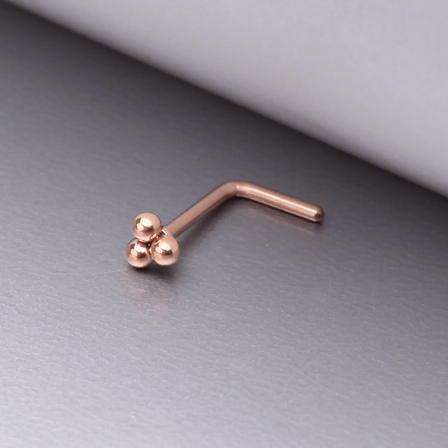 Rose Gold Bali Beads Trinity Steel L-Shaped Nose Ring - Image 2