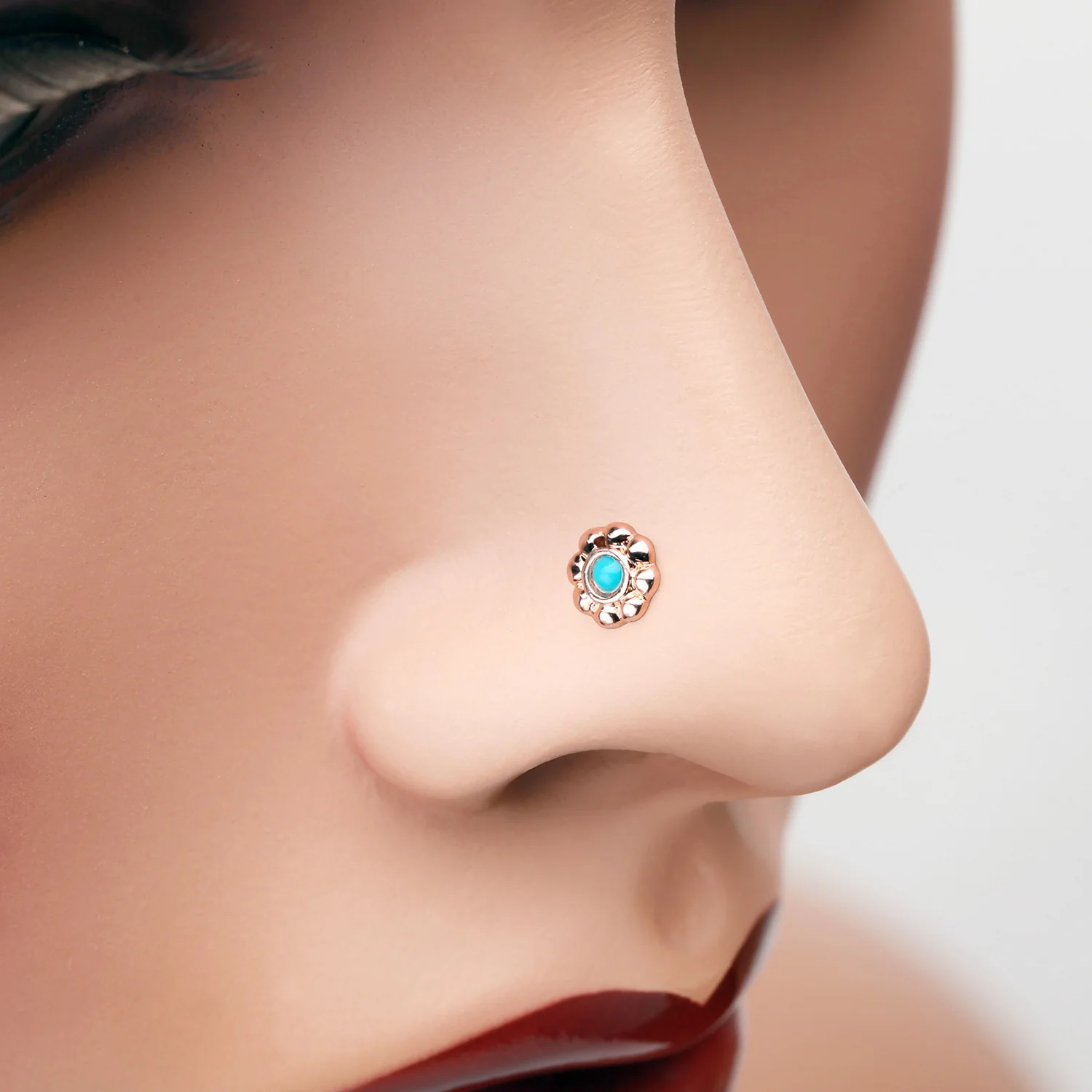 Rose Gold Bali Flower Turquoise L-Shaped Nose Ring - Image 2