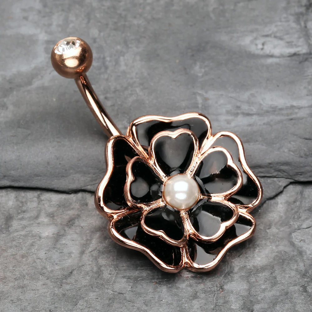 Rose Gold Black Dahlia Flower Belly Button Ring - Image 3