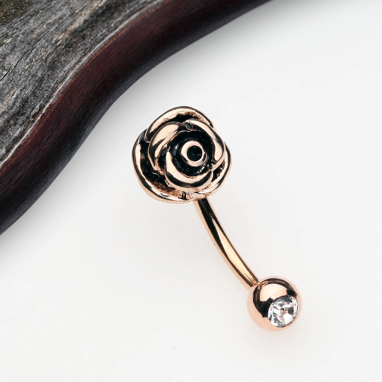 Rose Gold Blossom Rose Curved Barbell Eyebrow Ring - Image 2