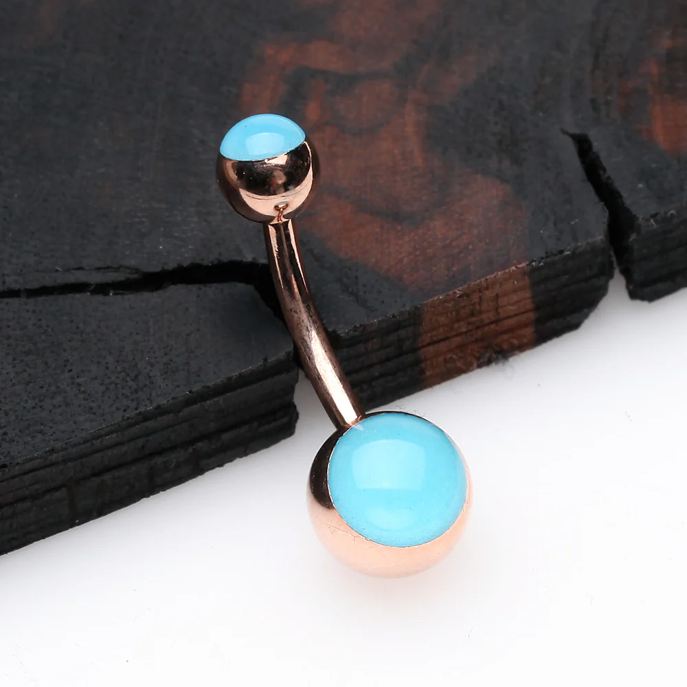 Rose Gold Blue Glow in the Dark Steel Belly Button Ring - Image 3