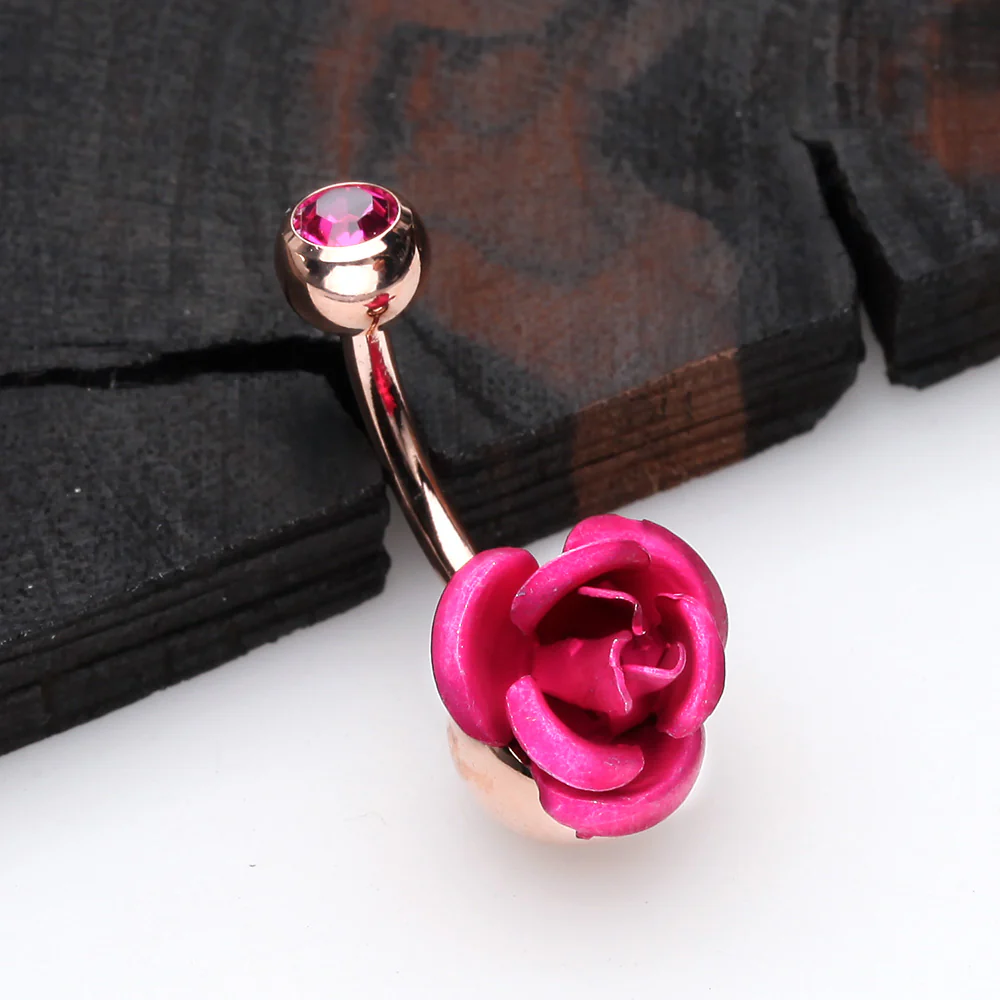 Rose Gold Bright Metal Rose Blossom Belly Button Ring - Image 3