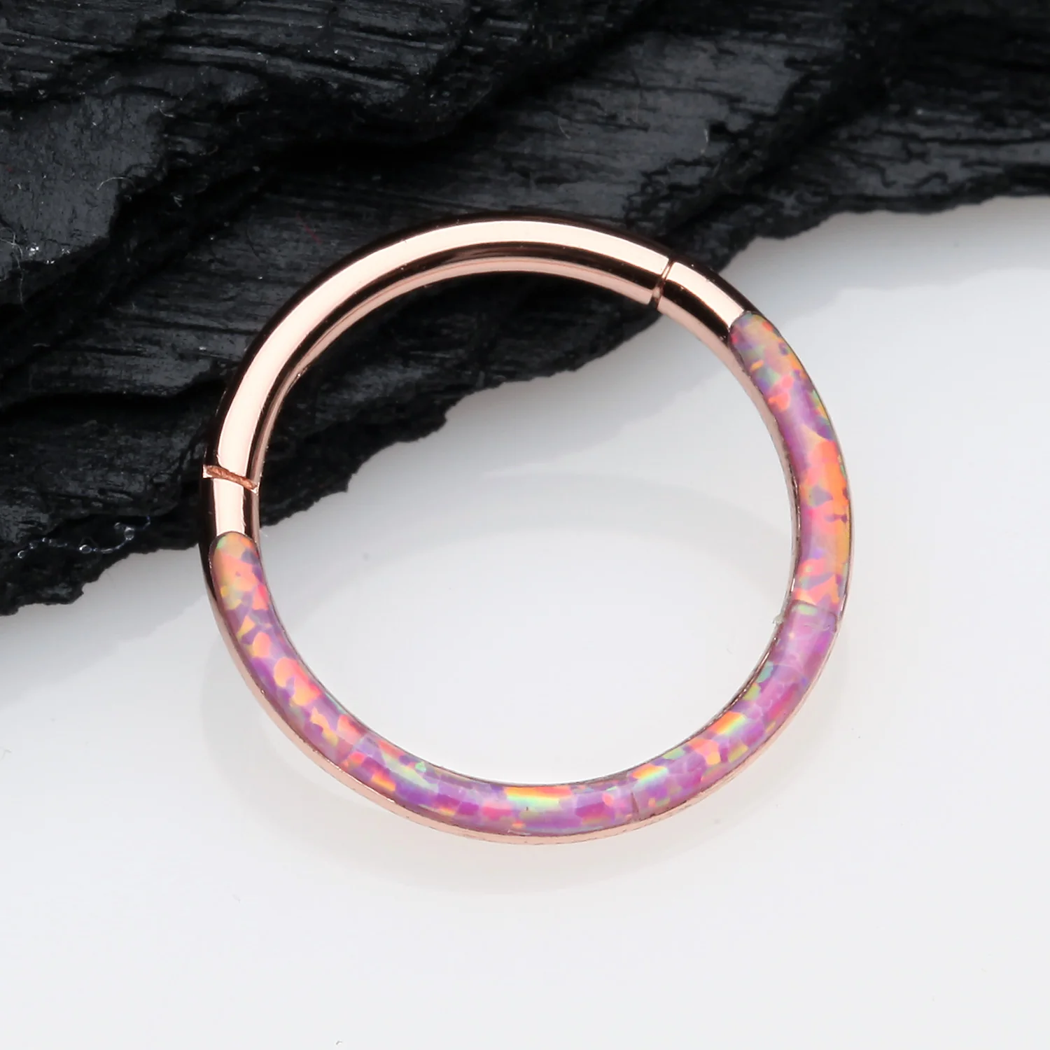 Rose Gold Brilliant Fire Opal Lined Front Facing Seamless Clicker Hoop Ring - Image 2