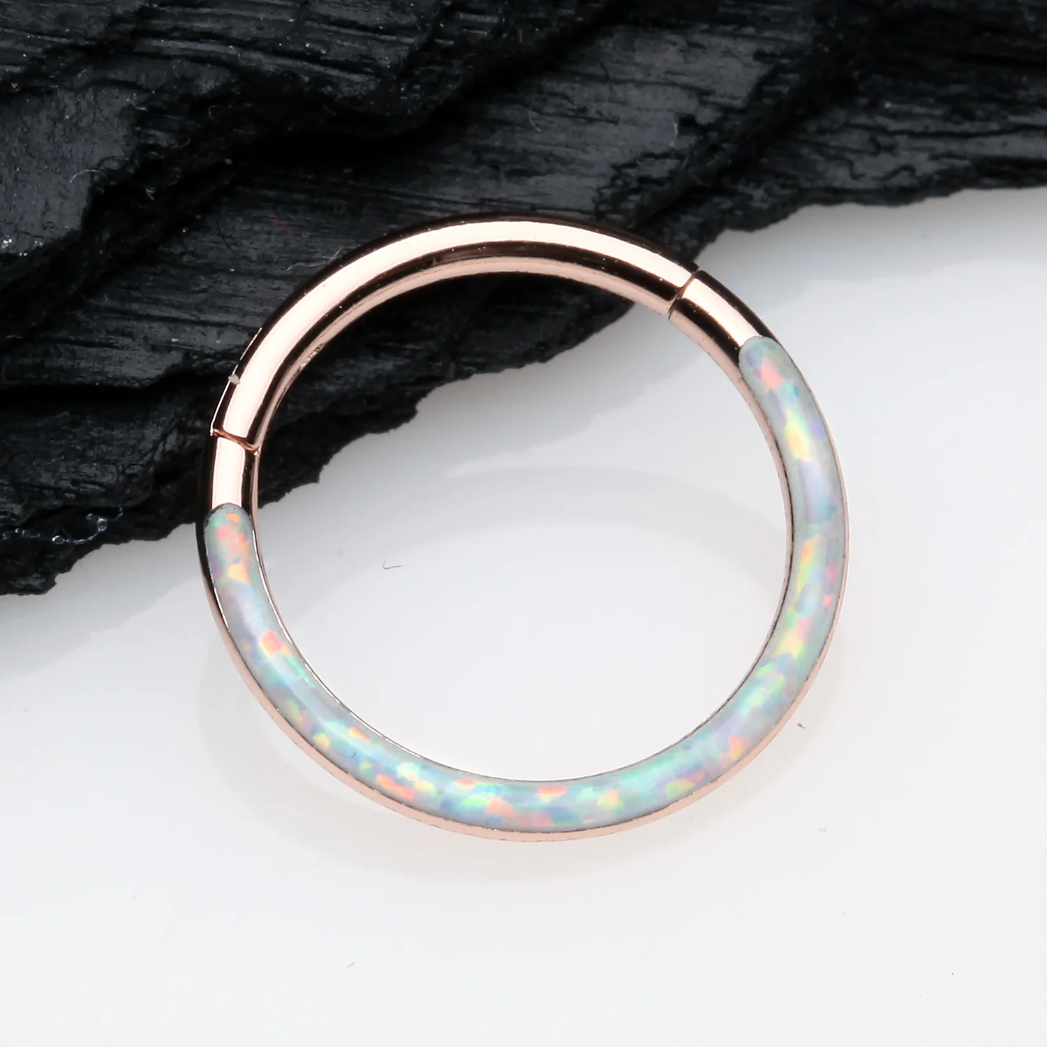 Rose Gold Brilliant Fire Opal Lined Front Facing Seamless Clicker Hoop Ring - Image 2