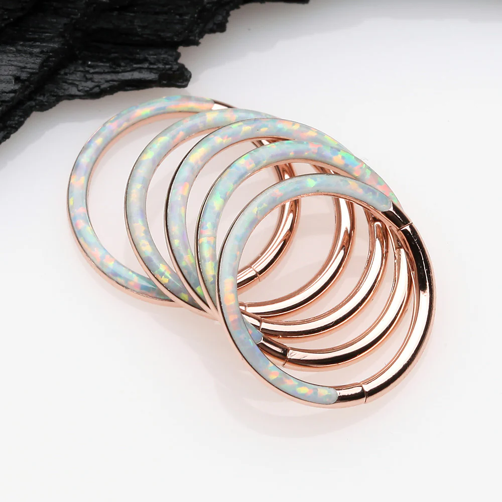 Rose Gold Brilliant Fire Opal Lined Front Facing Seamless Clicker Hoop Ring - Image 4