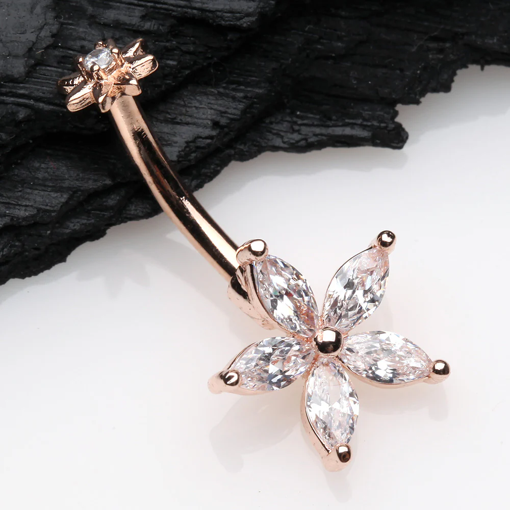 Rose Gold Brilliant Marquise Spring Flower Sparkle Internally Threaded Belly Button Ring - Image 3
