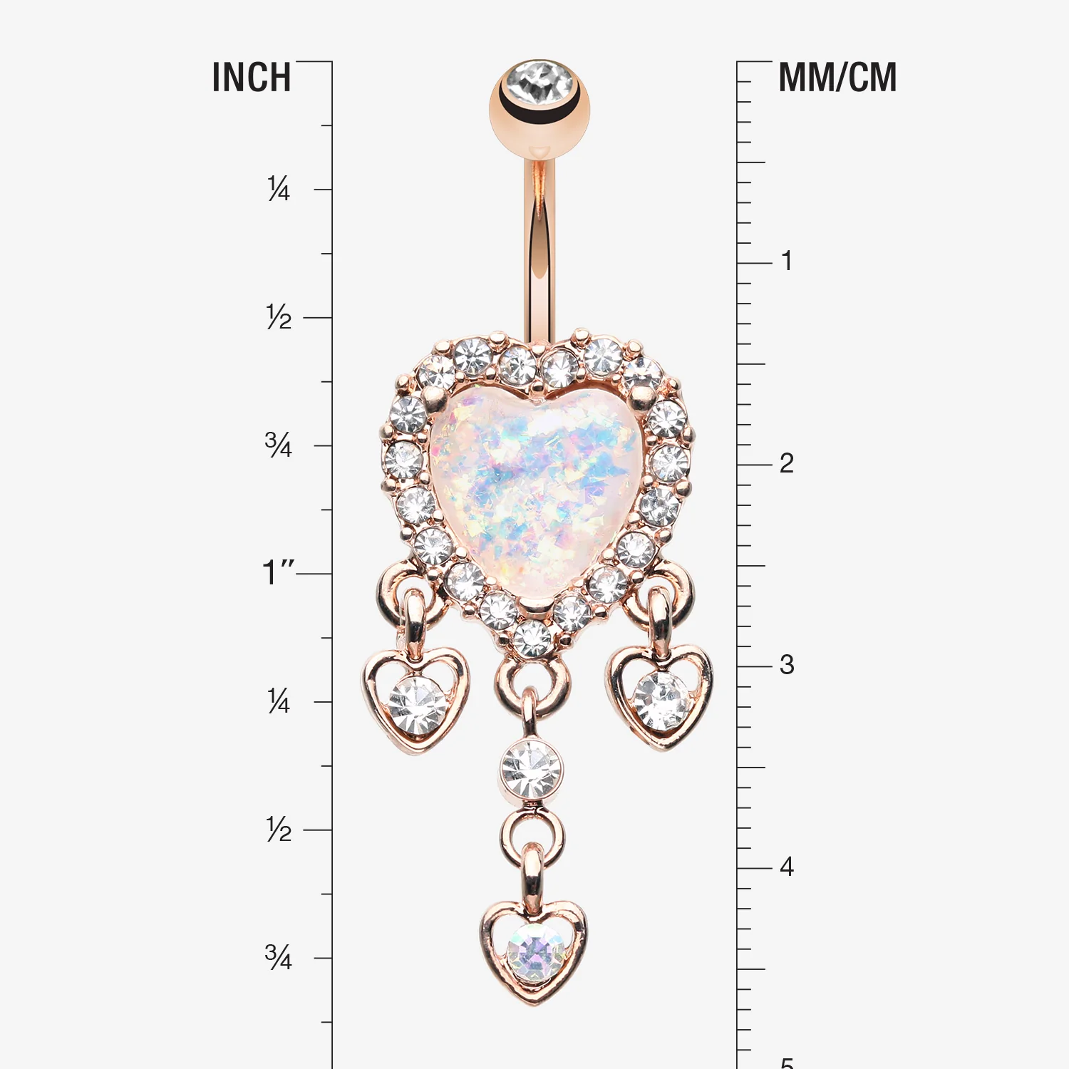 Rose Gold Brilliant Opal Sparkle Heart Dangle Belly Button Ring - Image 2