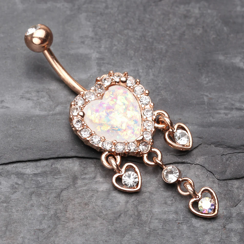 Rose Gold Brilliant Opal Sparkle Heart Dangle Belly Button Ring - Image 3