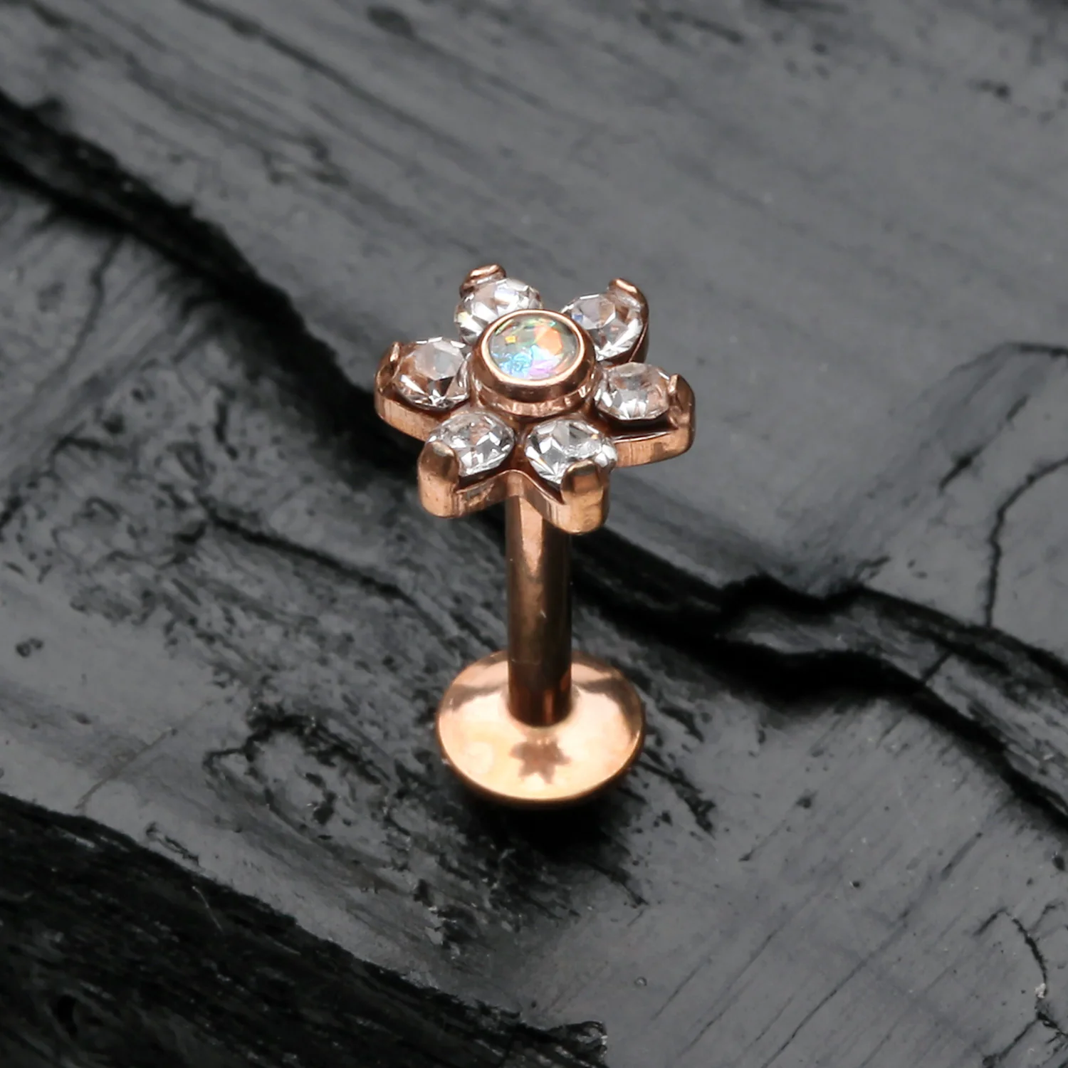 Rose Gold Brilliant Sparkle Flower Top Internally Threaded Steel Labret - Image 2