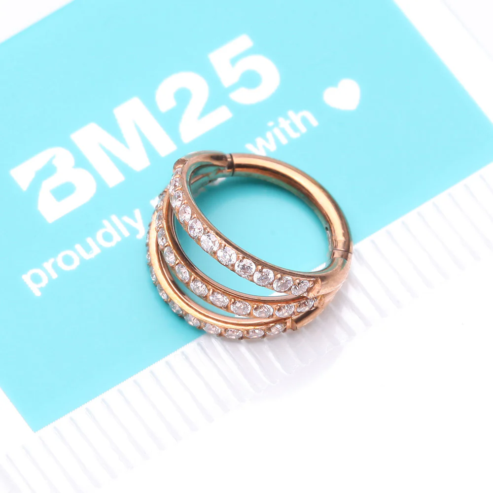 Rose Gold Brilliant Sparkle Gem Lined Triple Hoop Steel Seamless Clicker Hoop Ring - Image 5