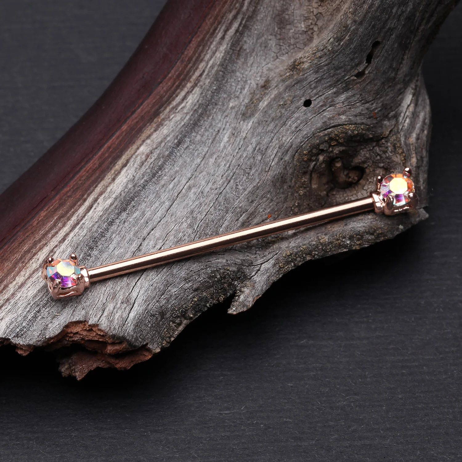 Rose Gold Brilliant Sparkle Gem Prong Set Industrial Barbell - Image 2