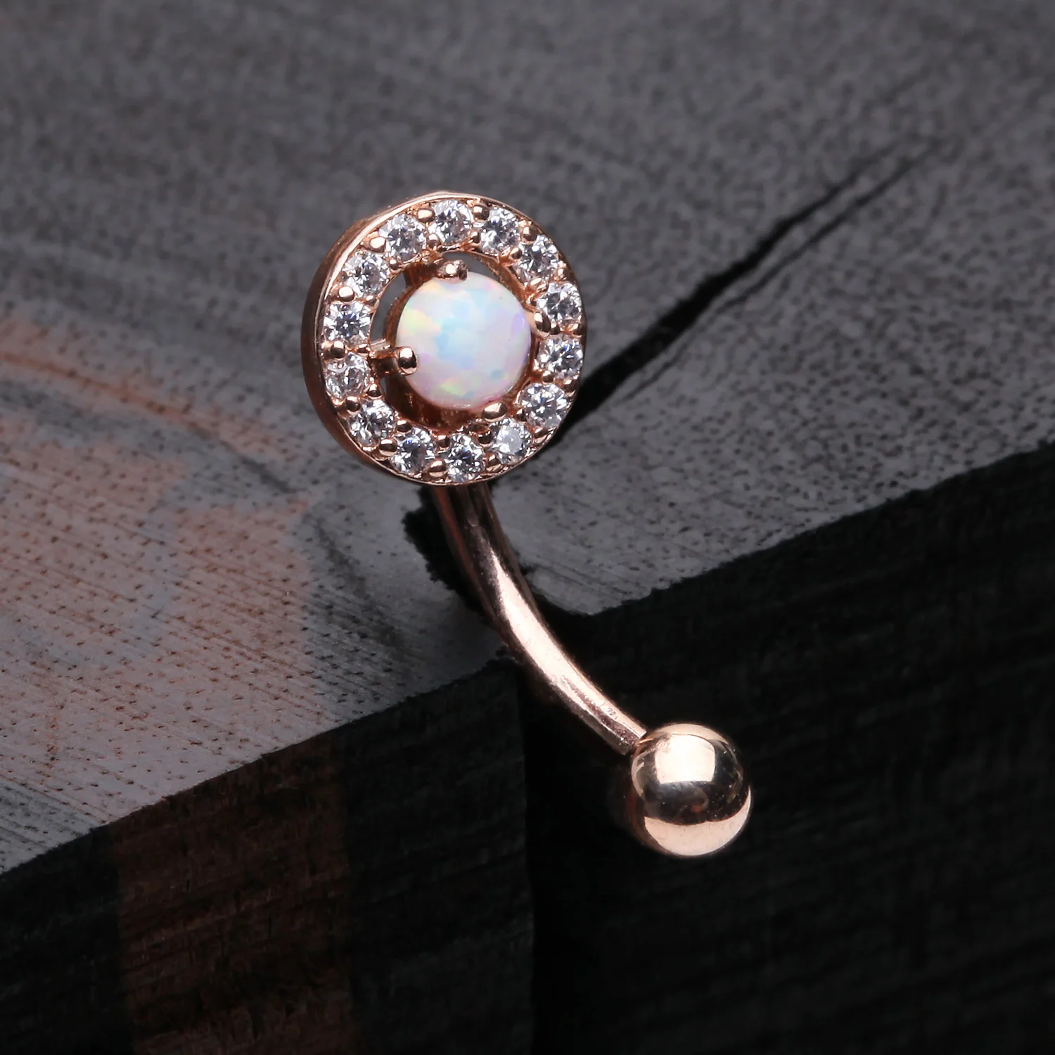Rose Gold Brilliant Sparkle Gems Fire Opal Prong Set Curved Barbell - Image 2