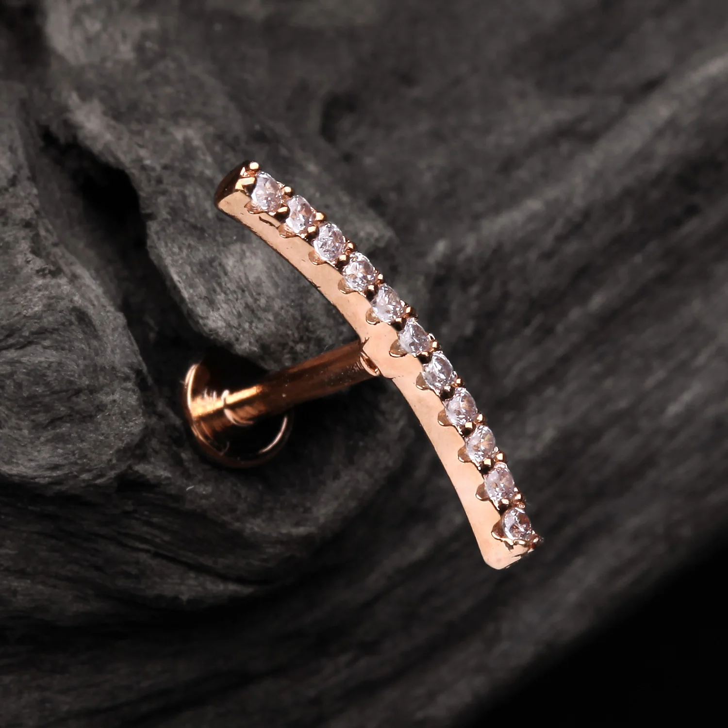 Rose Gold Brilliant Sparkle Gems Journey Top Internally Threaded Steel Labret - Image 2