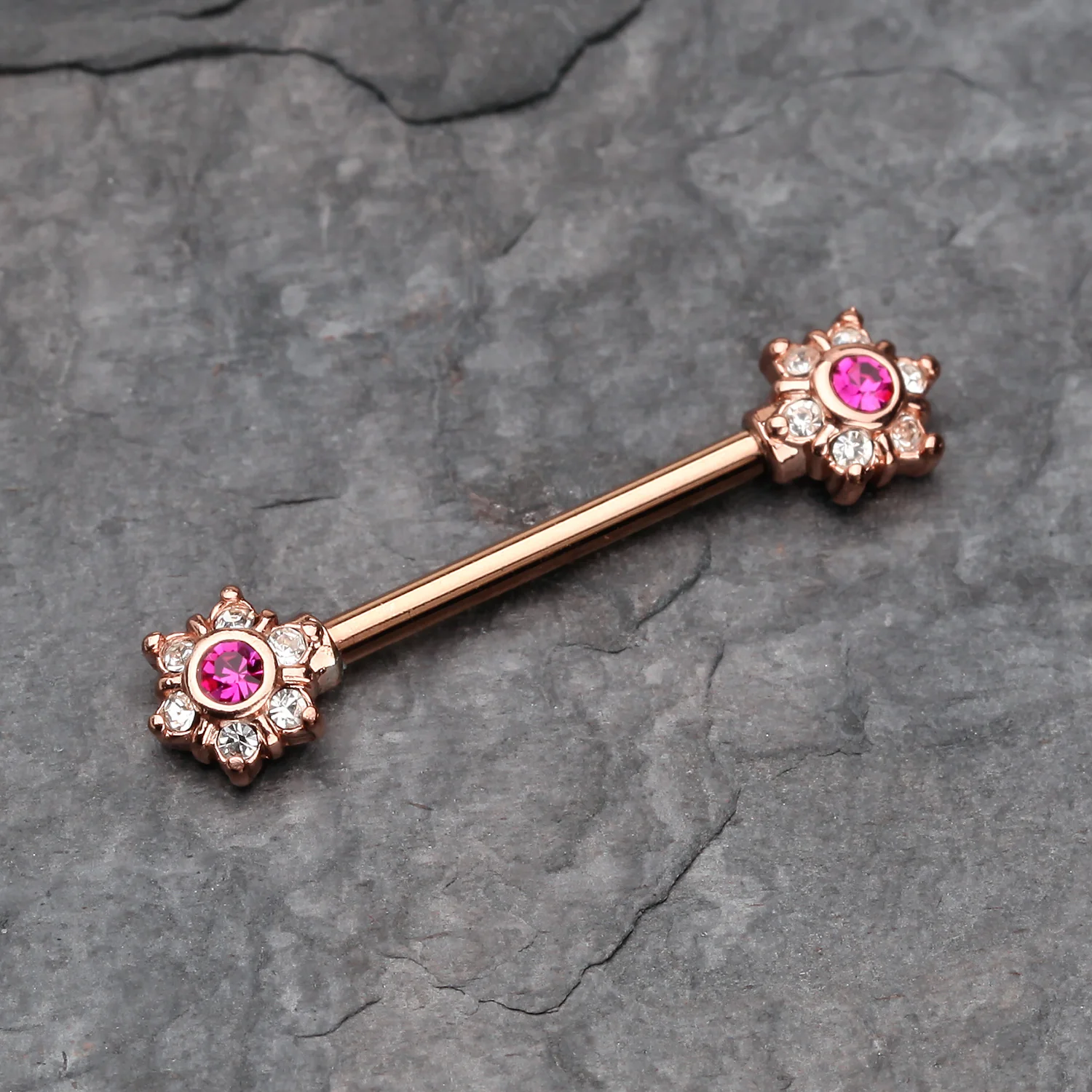 A Pair of Rose Gold Brilliant Sparkle Spring Flower Nipple Barbell - Image 2