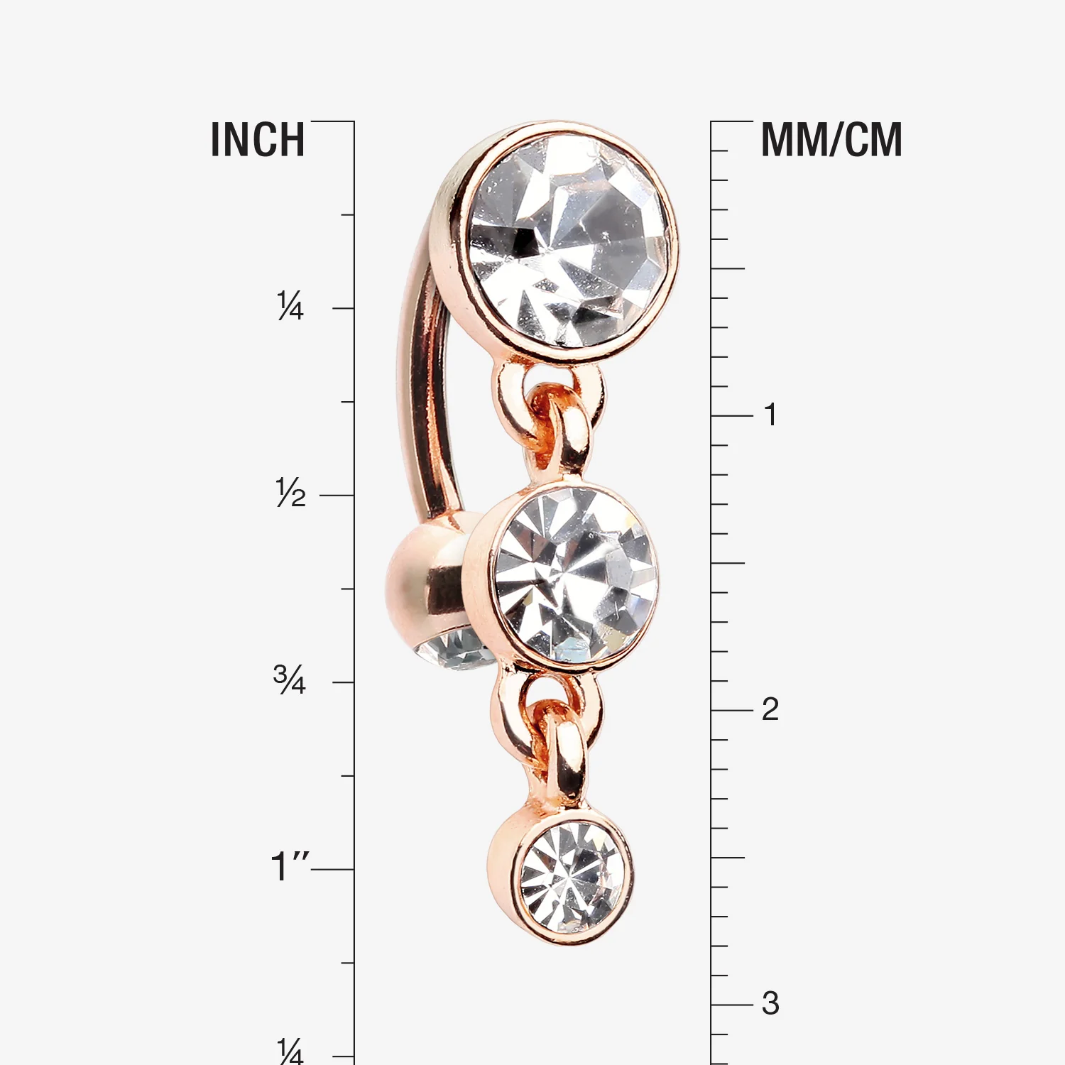 Rose Gold Brilliant Sparkle Triple Gem Reverse Belly Button Ring - Image 2