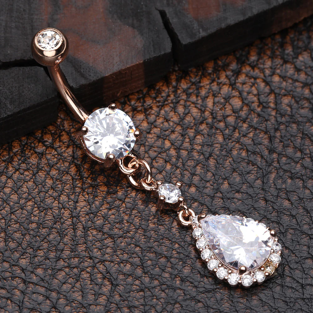 Rose Gold Brilliant Teardrop Lux Sparkle Dangle Belly Button Ring - Image 3