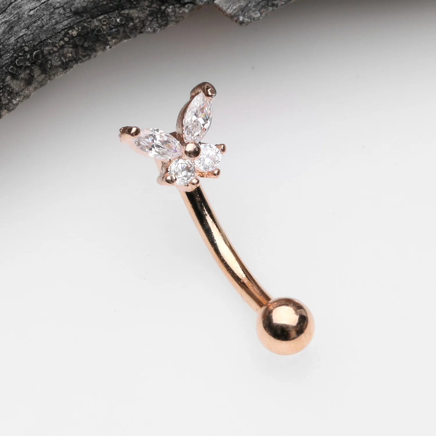 Rose Gold Butterfly Glam Prong Set Sparkle Curved Barbell - Image 2