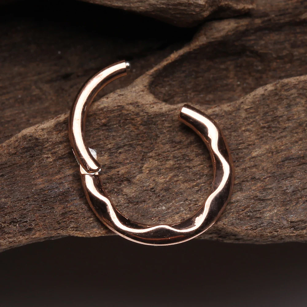 Rose Gold Classic Hammered Wave Seamless Clicker Hoop Ring - Image 4