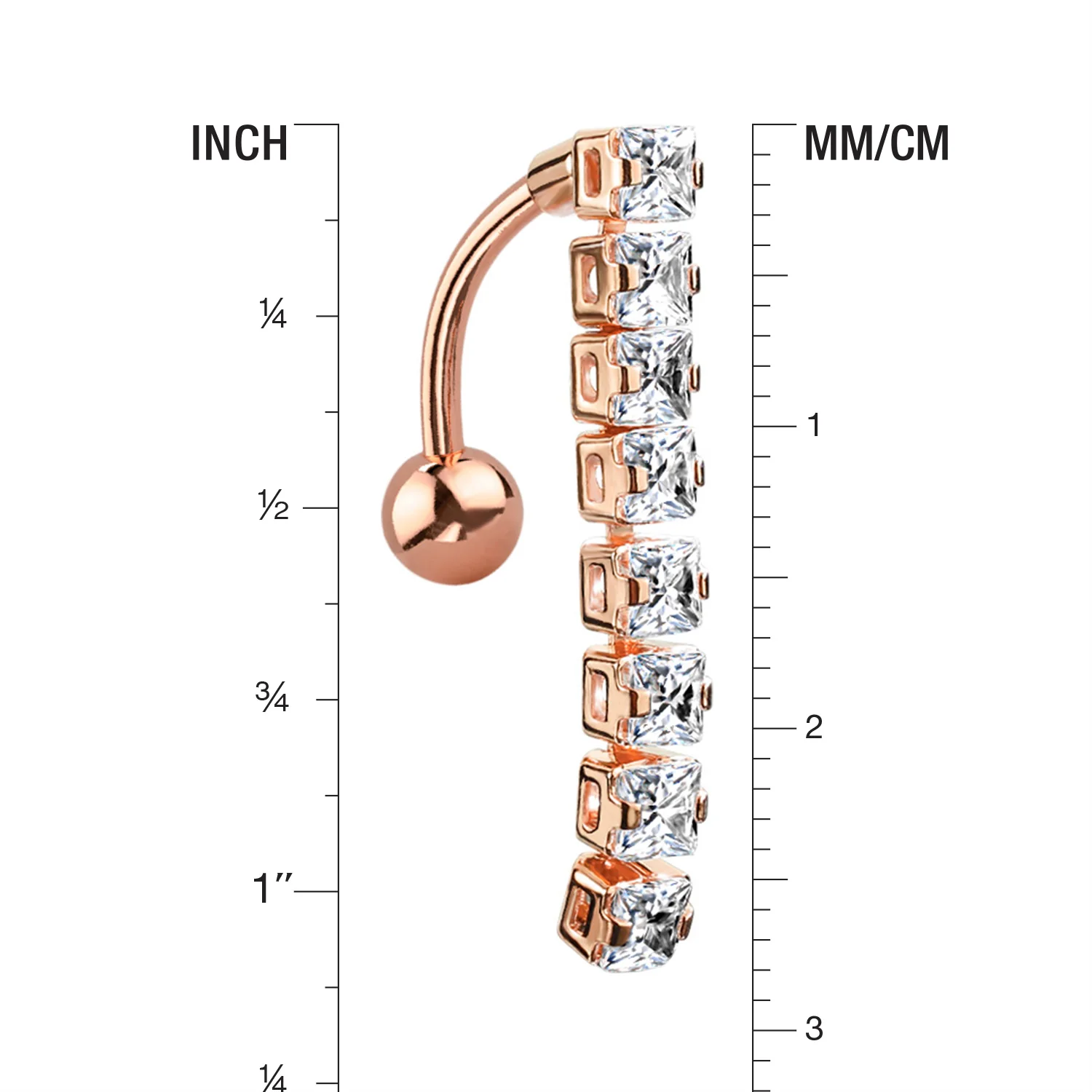 Rose Gold Classic Princess Gems Vertical Sparkle Reverse Belly Button Ring - Image 2