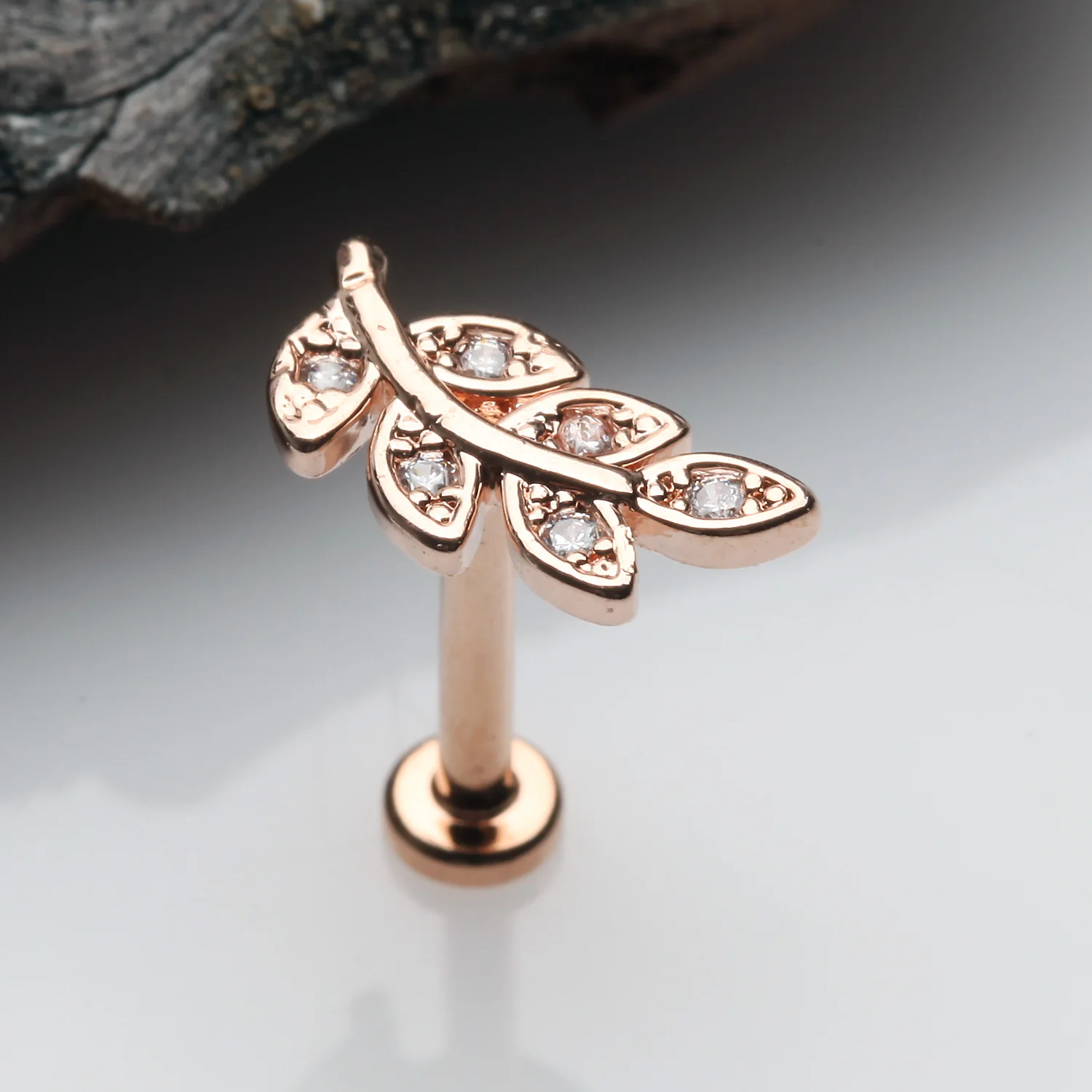 Rose Gold Dainty Leaflet Sparkle Interally Threaded Labret - Image 2