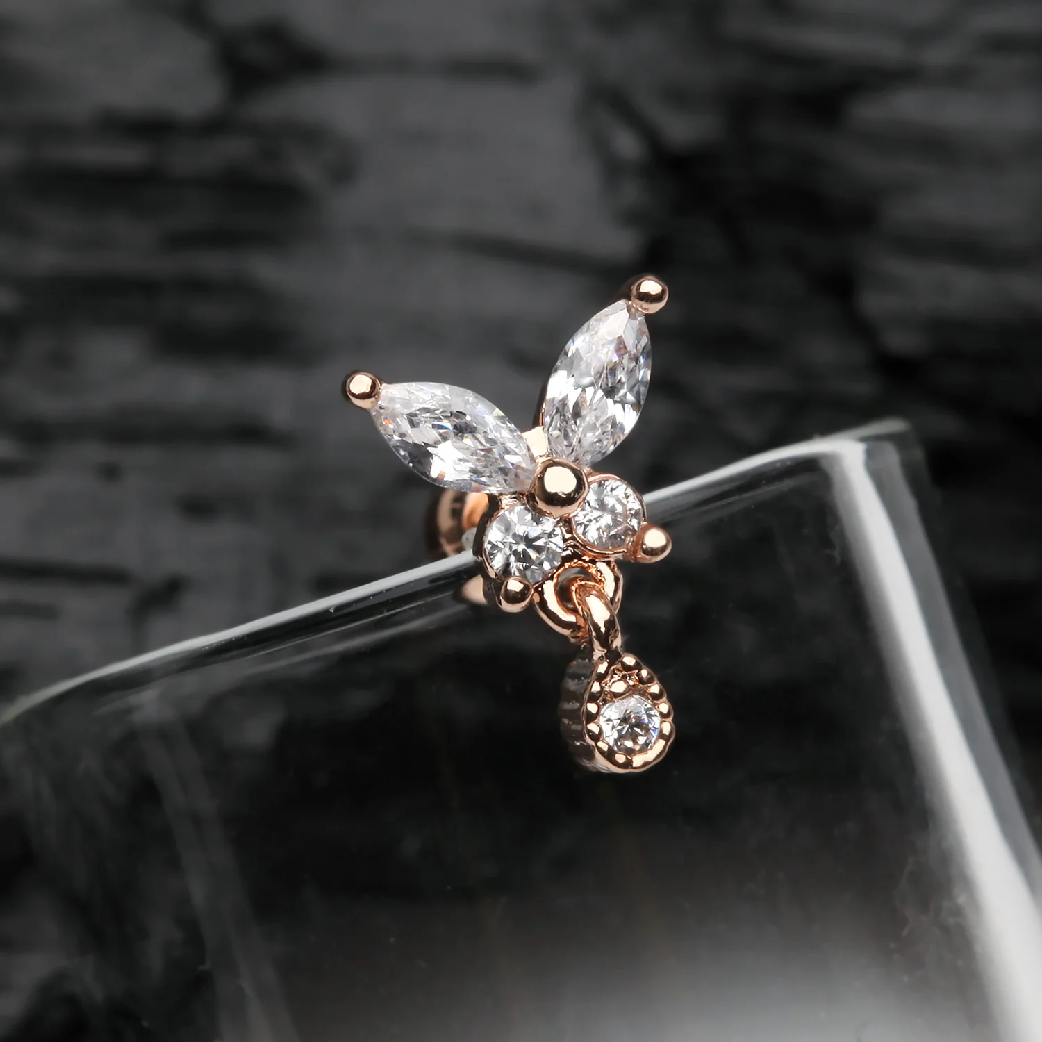 Rose Gold Dainty Sparkle Butterfly Dangle Cartilage Tragus Barbell Earring - Image 2