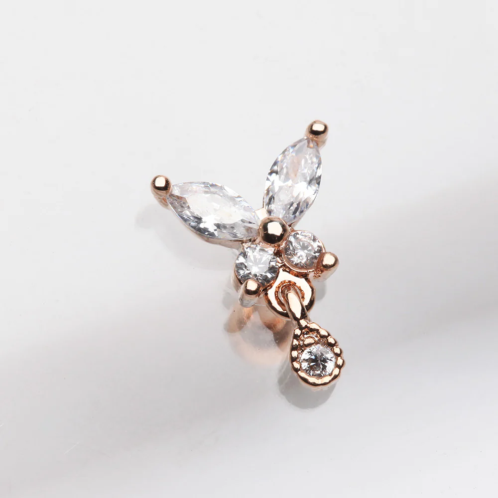Rose Gold Dainty Sparkle Butterfly Dangle Cartilage Tragus Barbell Earring - Image 3