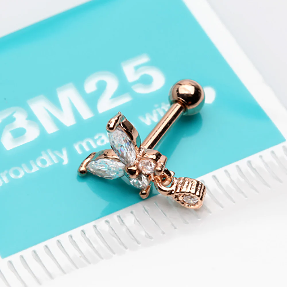 Rose Gold Dainty Sparkle Butterfly Dangle Cartilage Tragus Barbell Earring - Image 4