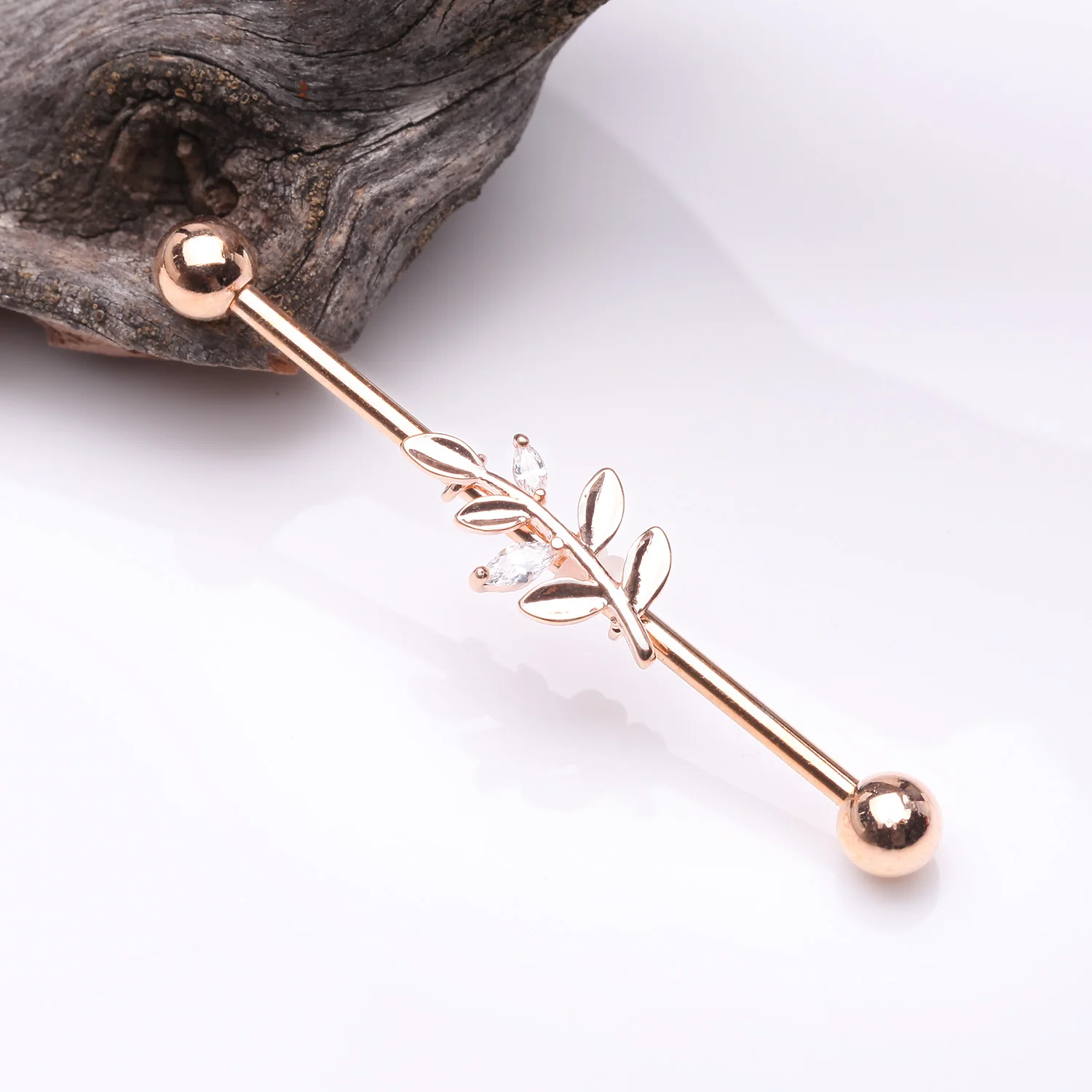 Rose Gold Dainty Sparkle Leaflet Industrial Barbell - Image 2