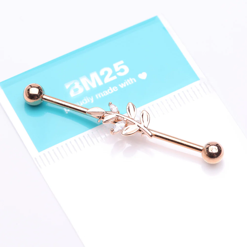 Rose Gold Dainty Sparkle Leaflet Industrial Barbell - Image 3