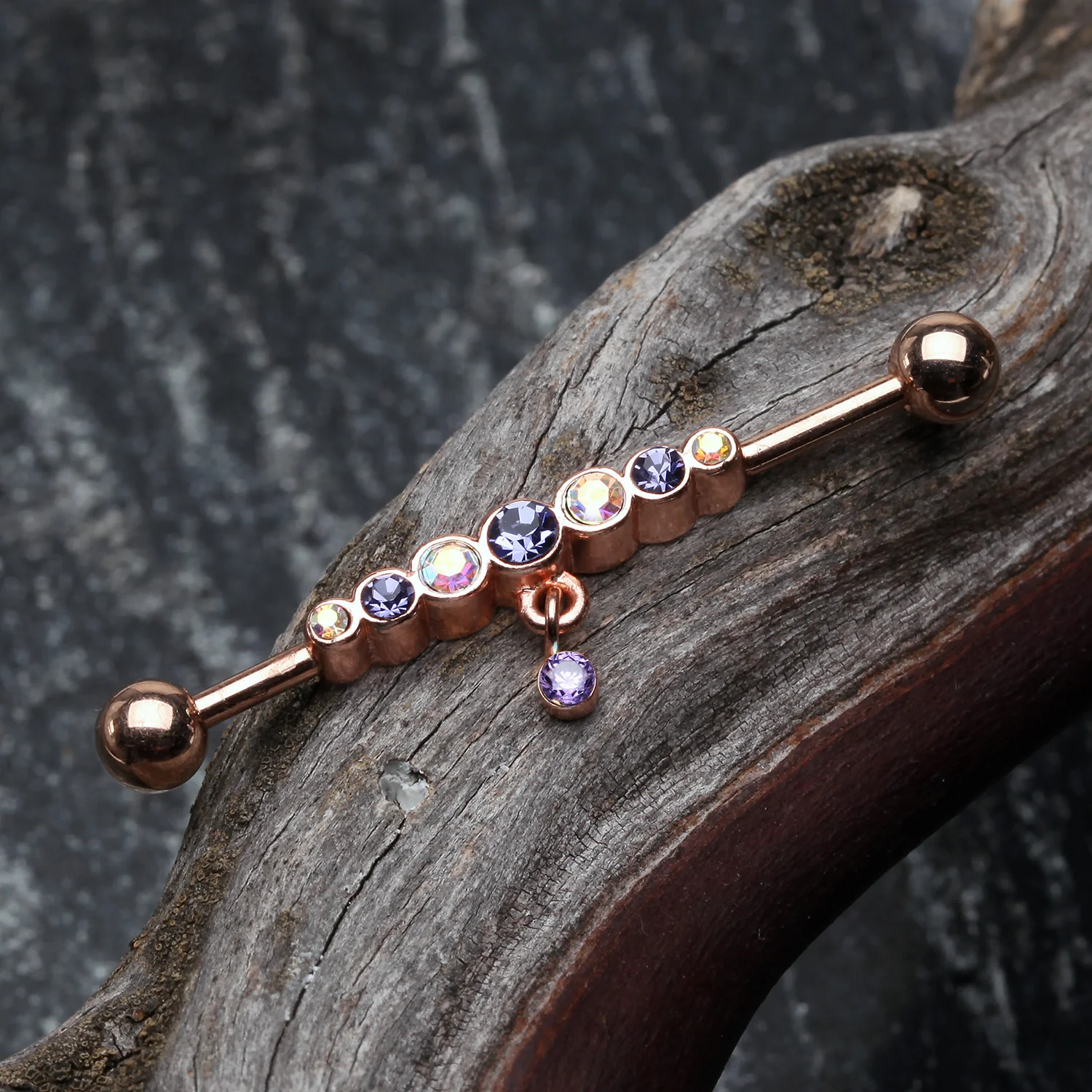 Rose Gold Dazzling Gem Row Sparkle Dangle Industrial Barbell - Image 2