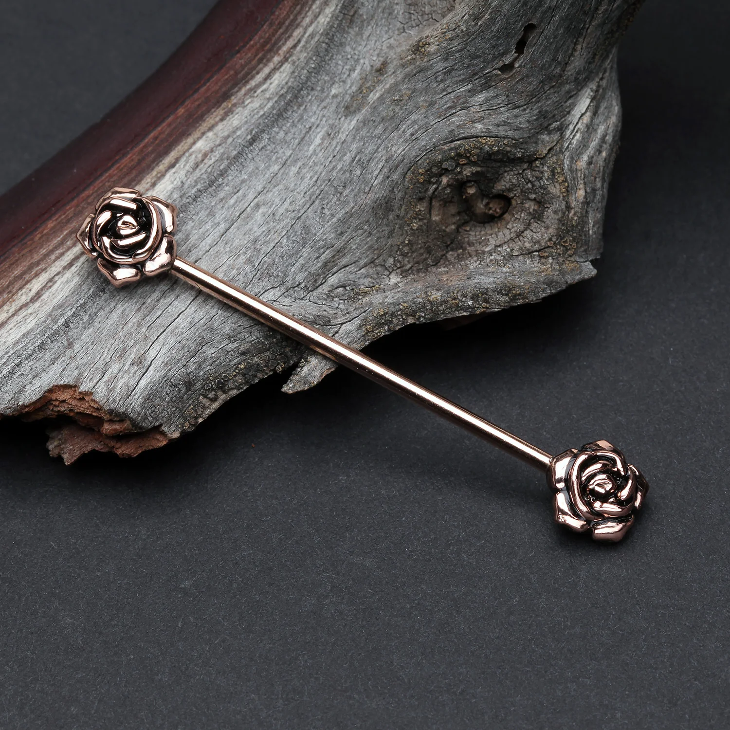 Rose Gold Double Rose Flower Industrial Barbell - Image 2