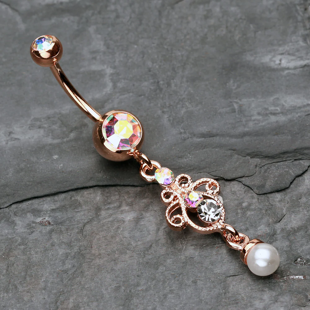 Rose Gold Elegant Jeweled Pearl Dangle Belly Button Ring - Image 3