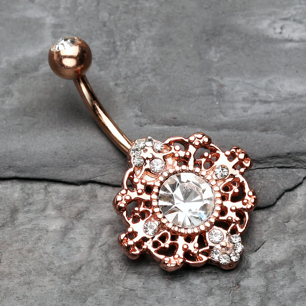 Rose Gold Filigree Mandala Sparkle Belly Button Ring - Image 3