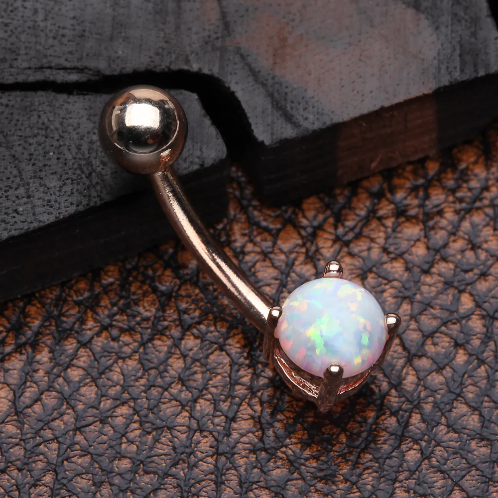 Rose Gold Fire Opal Prong Set Basic Belly Button Ring - Image 3