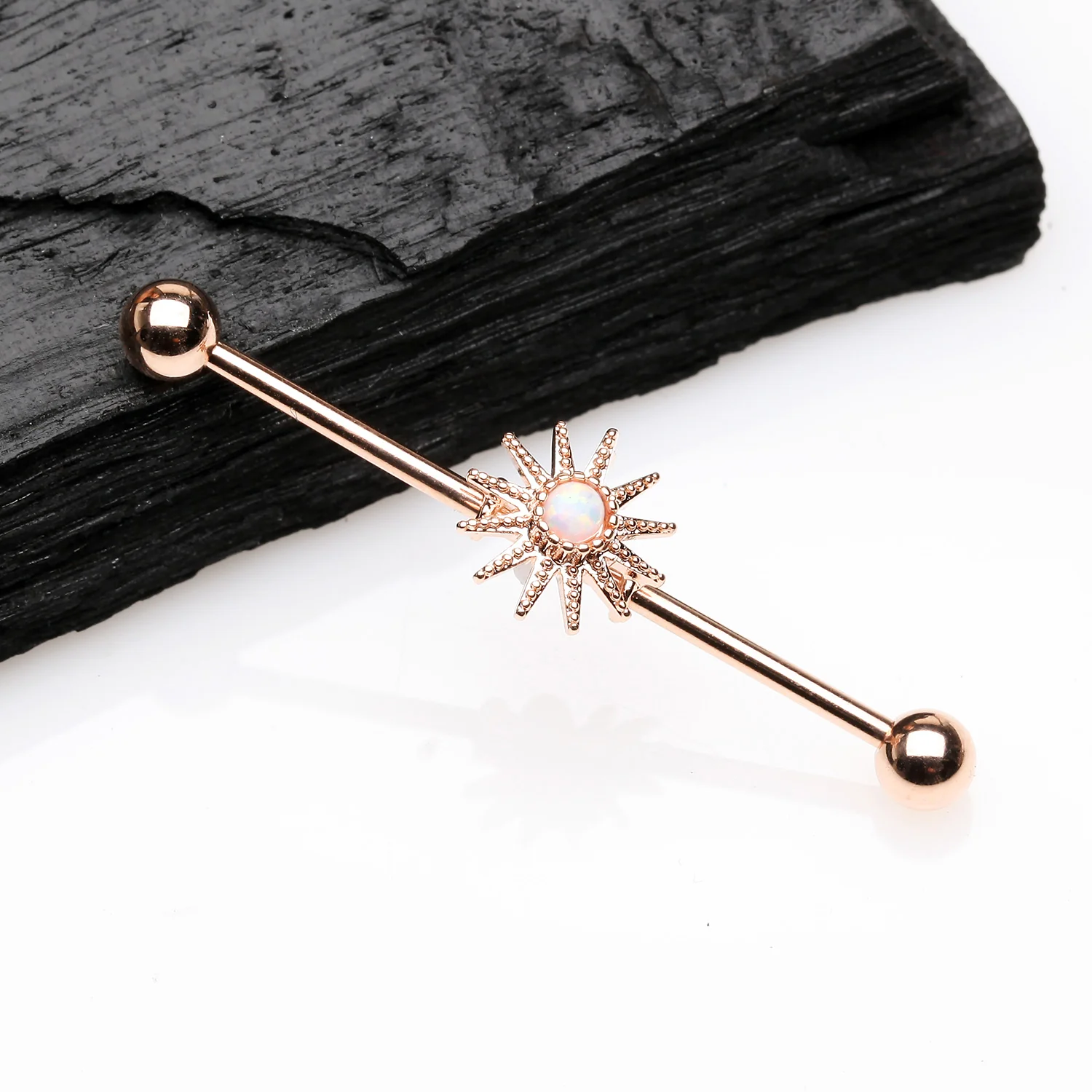 Rose Gold Fire Opal Sunburst Sparkle Industrial Barbell - Image 2