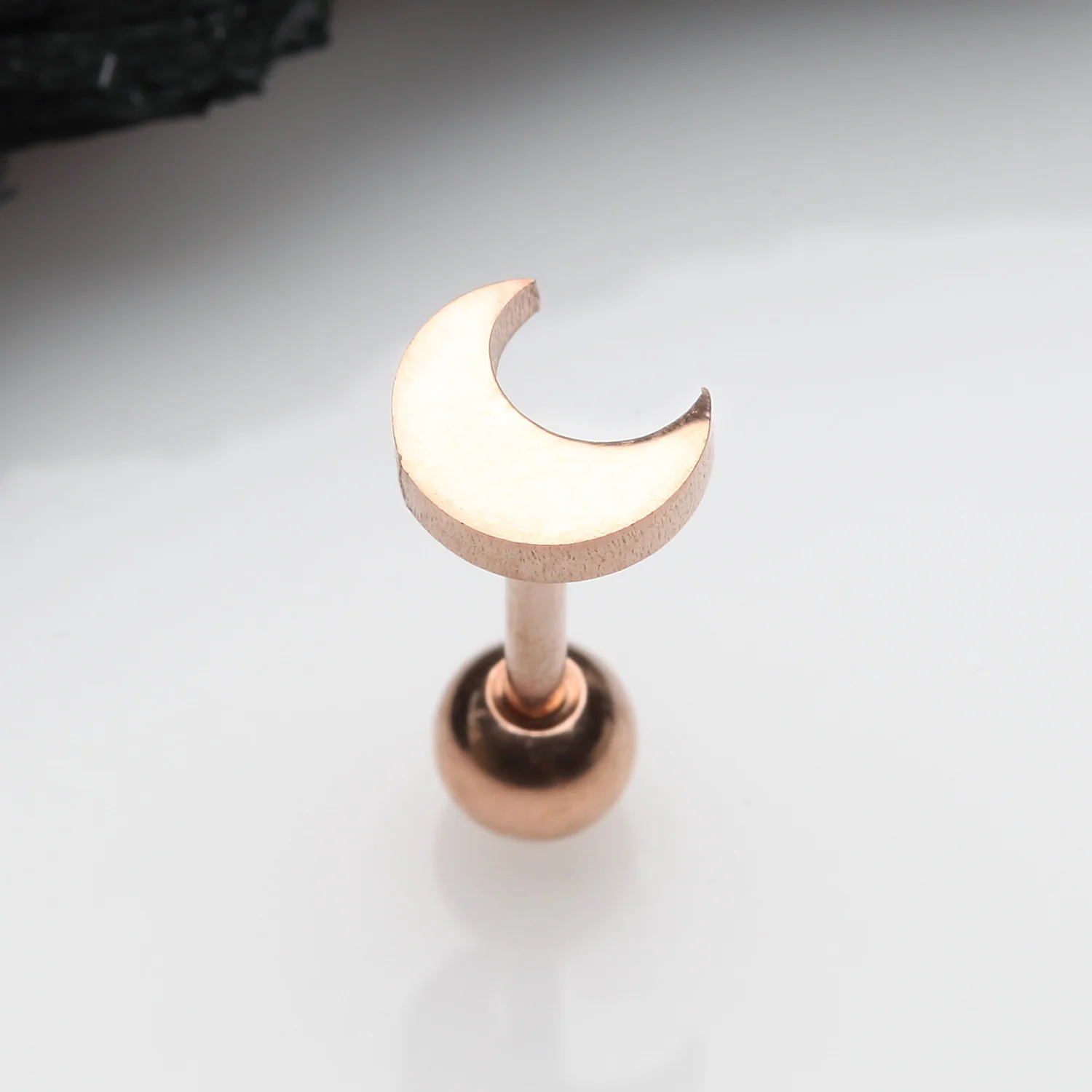 Rose Gold Flat Crescent Moon Top Cartilage Tragus Barbell Earring - Image 2