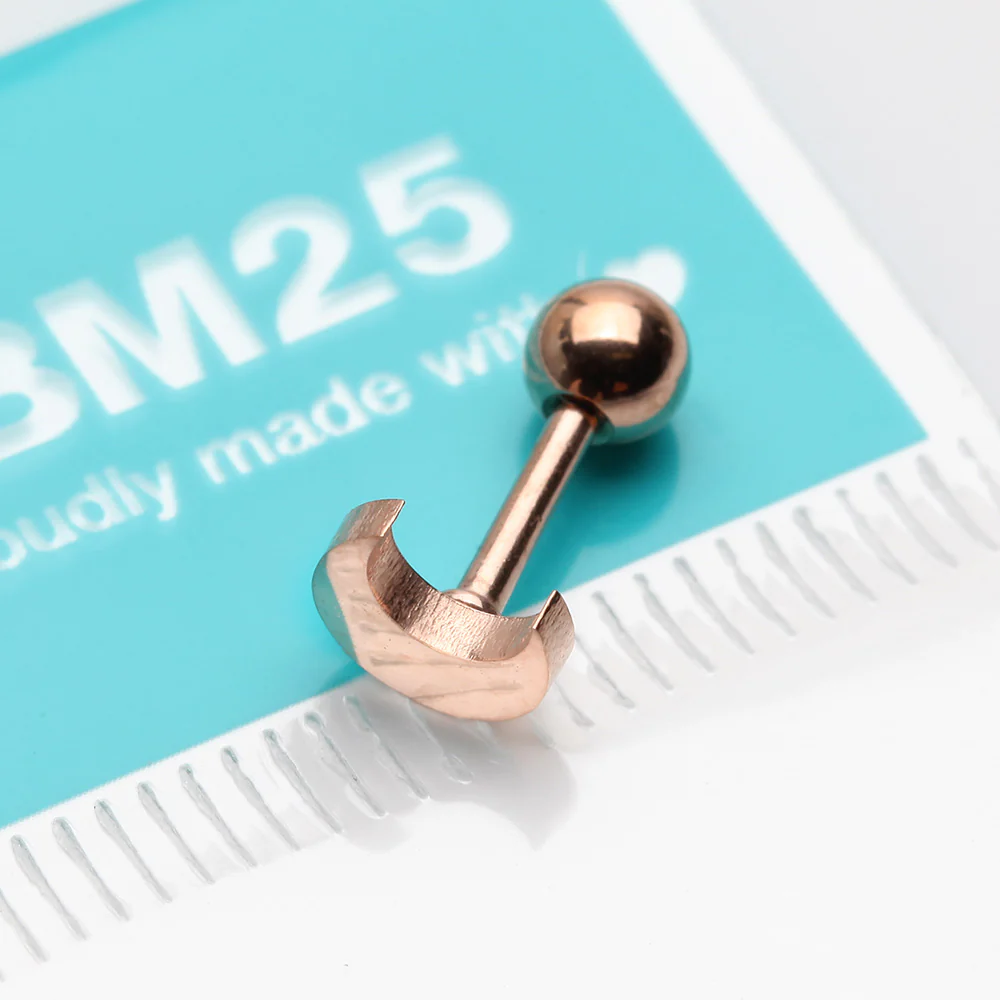 Rose Gold Flat Crescent Moon Top Cartilage Tragus Barbell Earring - Image 3