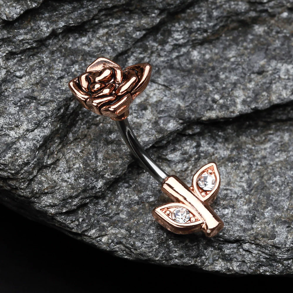 Rose Gold Full Blossom Rose Belly Button Ring - Image 3