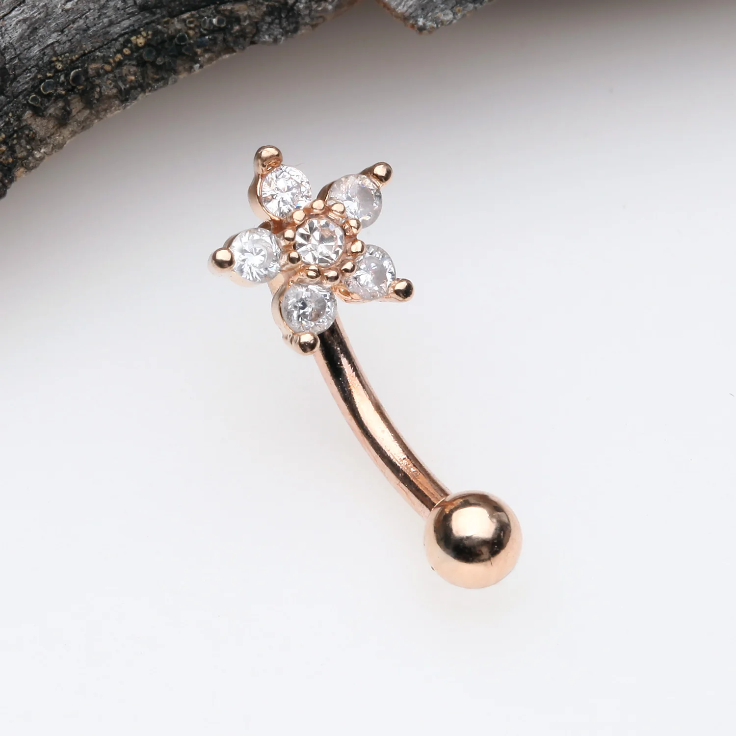 Rose Gold Glistening Flower Sparkle Curved Barbell - Image 2