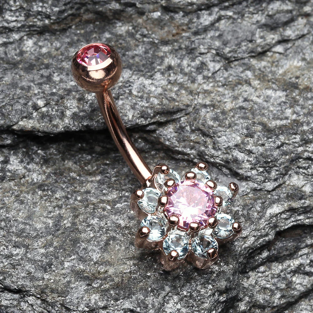 Rose Gold Glistening Spring Flower Sparkle Belly Button Ring - Image 3